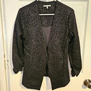 Woman's leopard print open front blazer suit jacket 3/4 ruched sleeves sz. Small